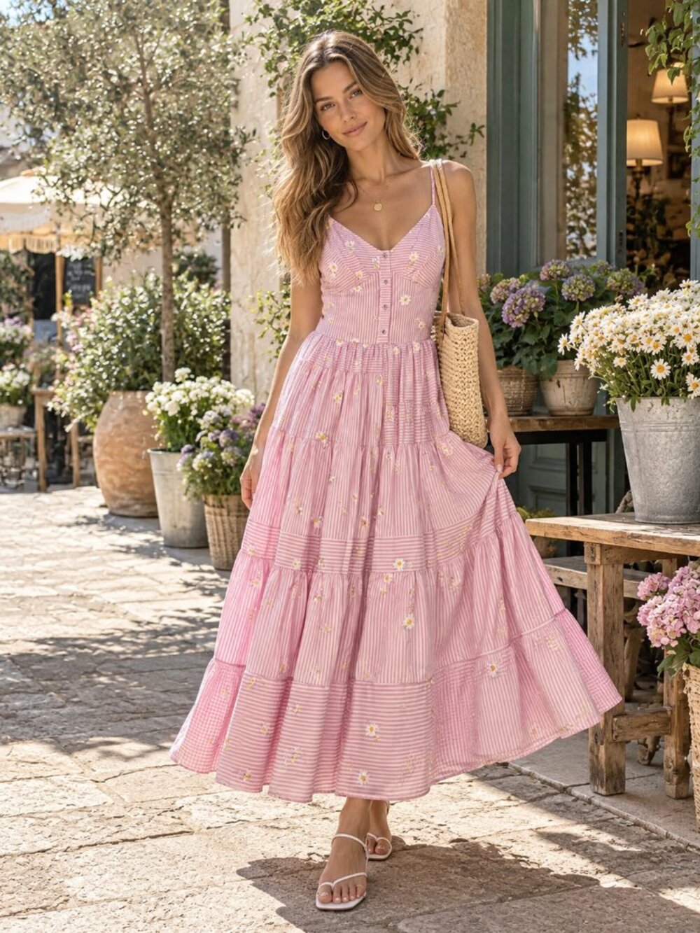 Jacquie The Label Abby Pink Stripe Embroidered Daisy Tiered Midi Dress